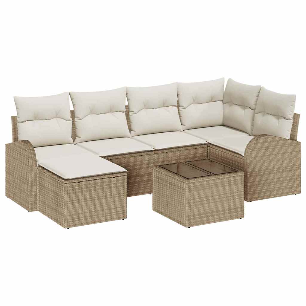 Sofa Set mit Kissen 7 pcs Beige und Weiß Poly-Rattan