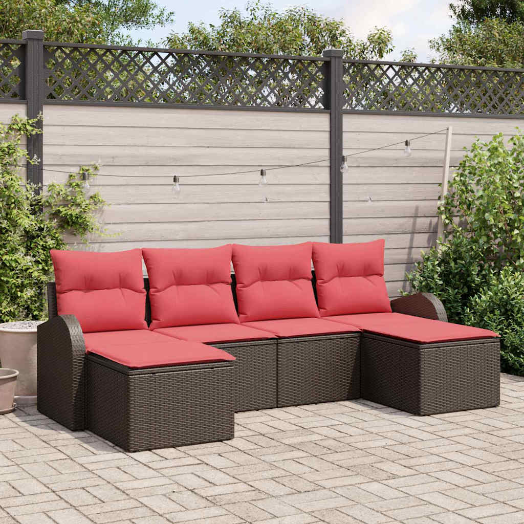 Sofa Set mit Kissen 6 pcs Braun und Rot Poly-Rattan