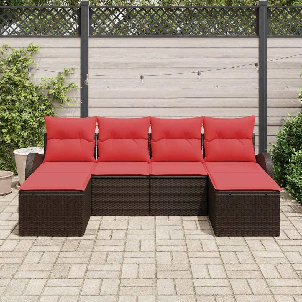 Sofa Set mit Kissen 6 pcs Braun und Rot Poly-Rattan