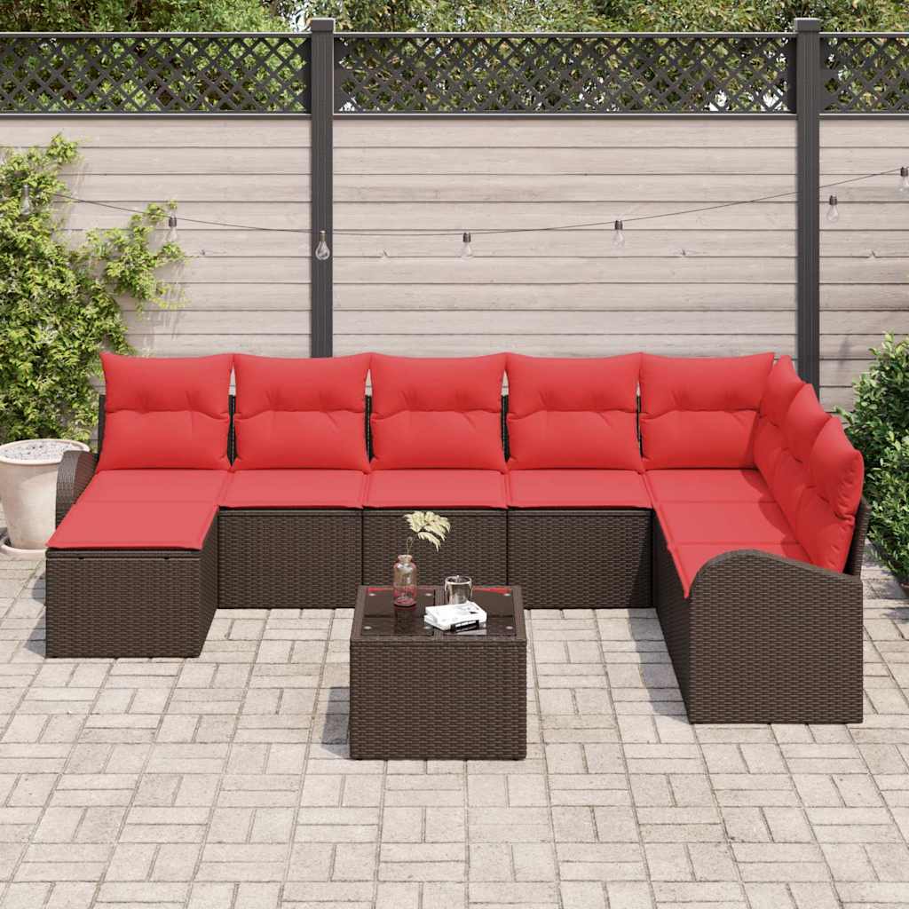 Sofa Set mit Kissen 9 pcs Braun und Rot Poly-Rattan