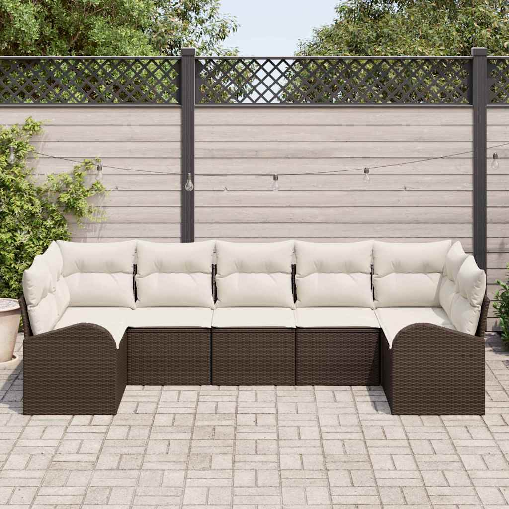 Gartensofa-set mit Kissen 7 pcs Braun und Weiß Poly-Rattan
