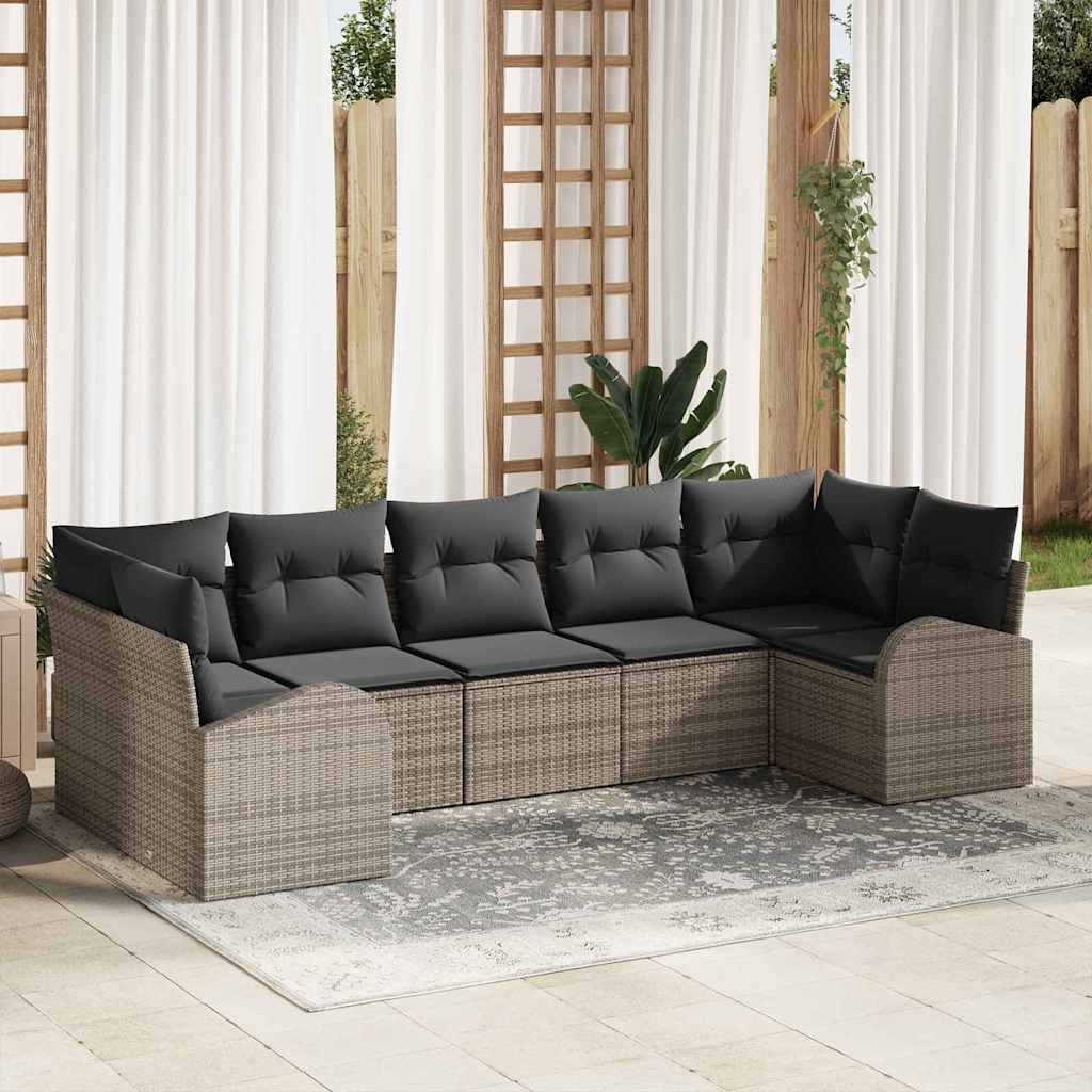 Gartensofa-set mit Kissen mit Speicher 7 pcs Grau Poly-Rattan