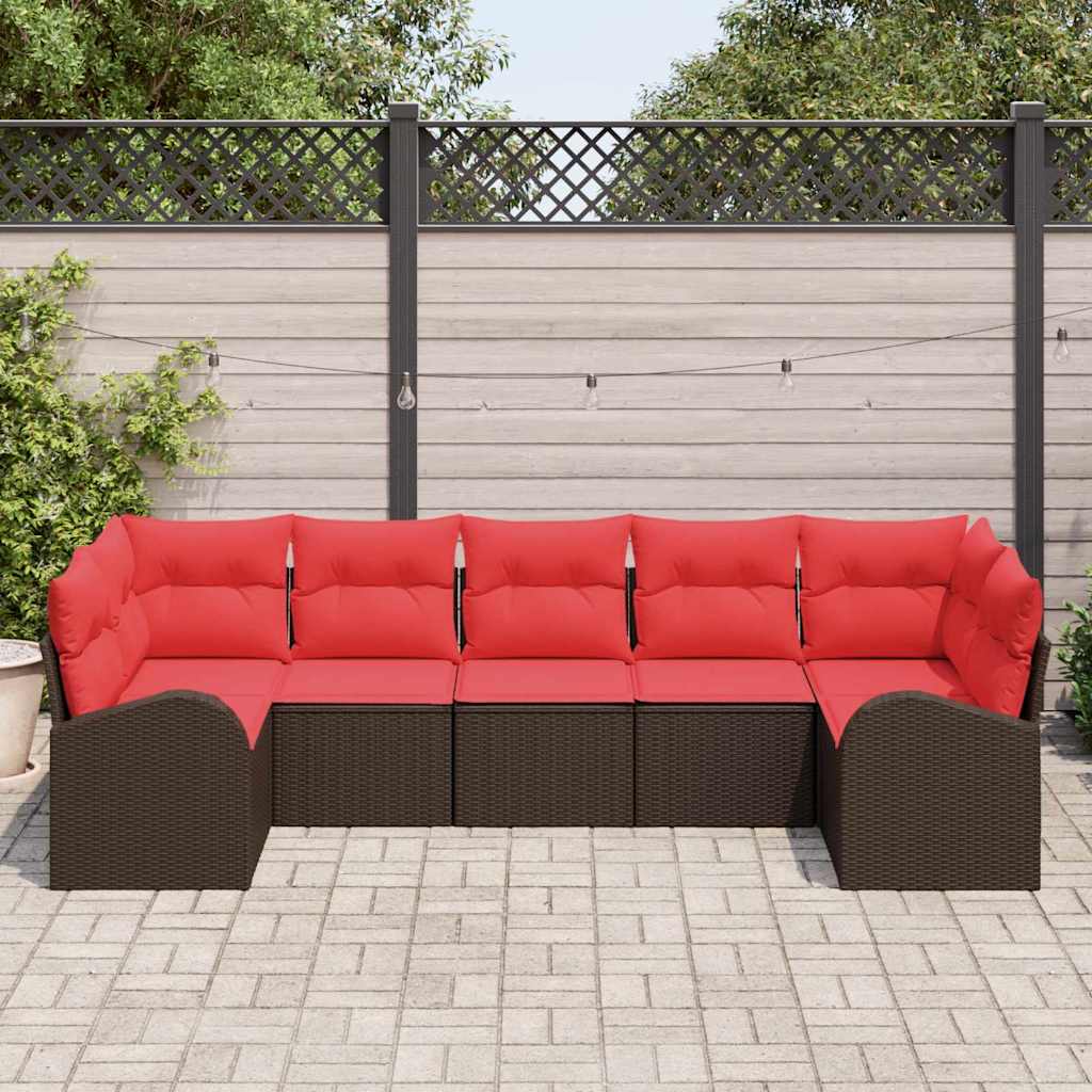 Gartensofa-set mit Kissen 7 pcs Braun und Rot Poly-Rattan