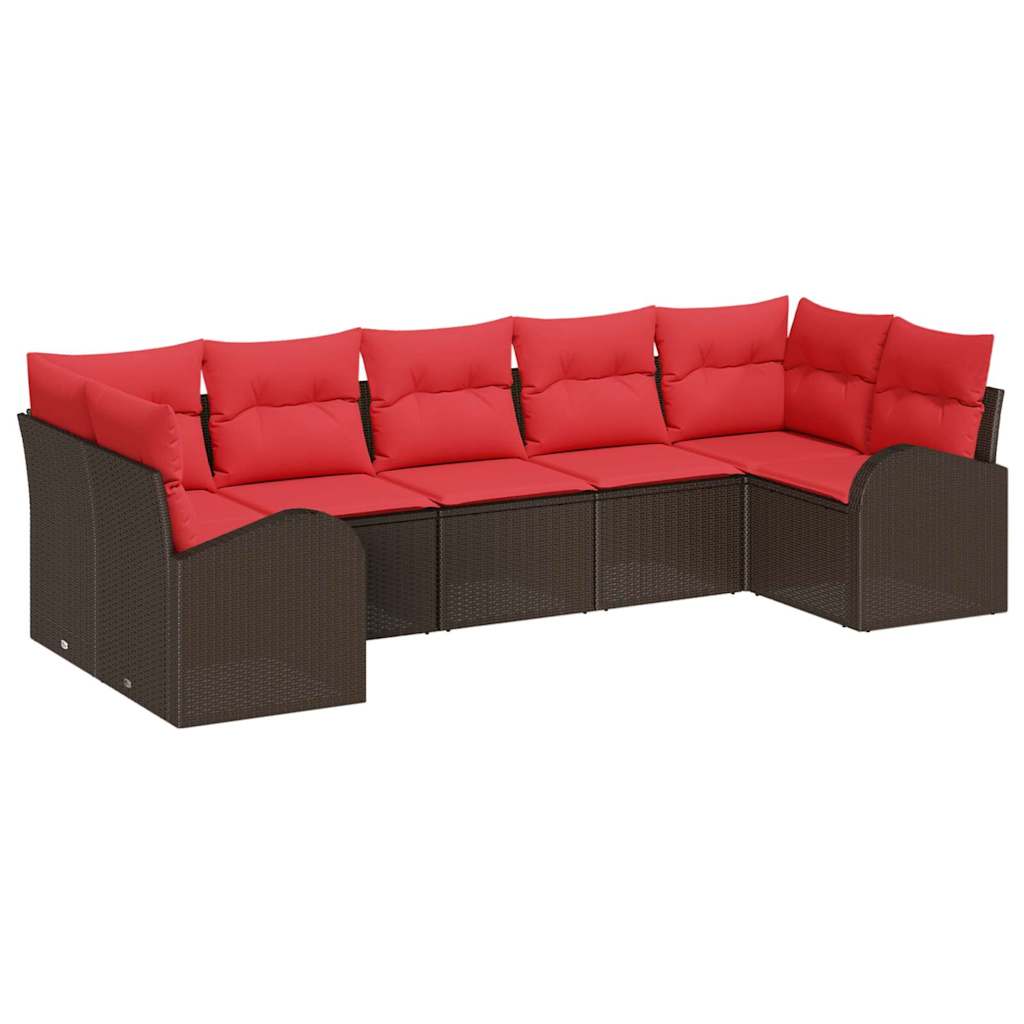Gartensofa-set mit Kissen 7 pcs Braun und Rot Poly-Rattan