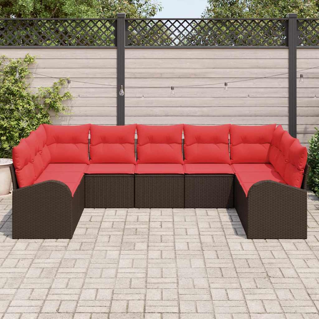 Gartensofa-set mit Kissen 9 pcs Braun und Rot Poly-Rattan
