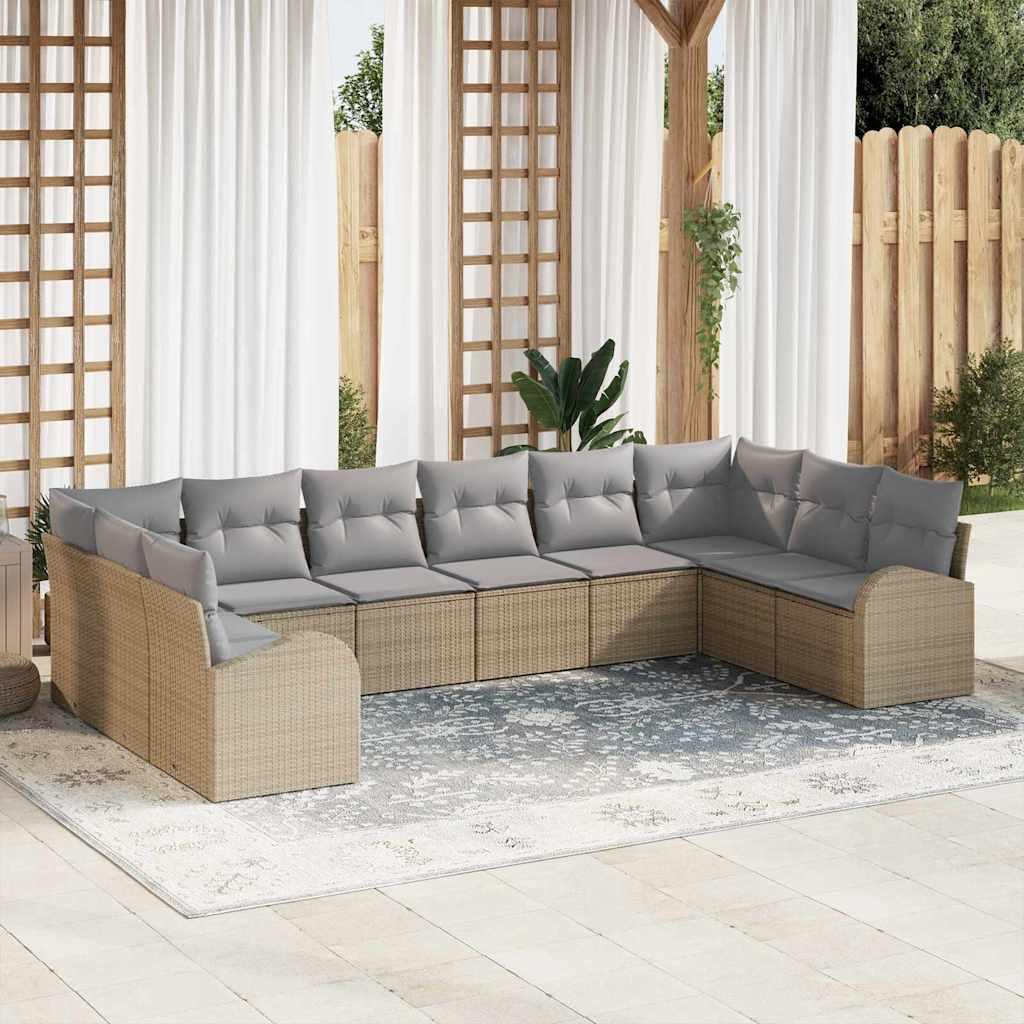 Gartensofa-set mit Kissen 10 pcs Beige und Hellgrau Poly-Rattan