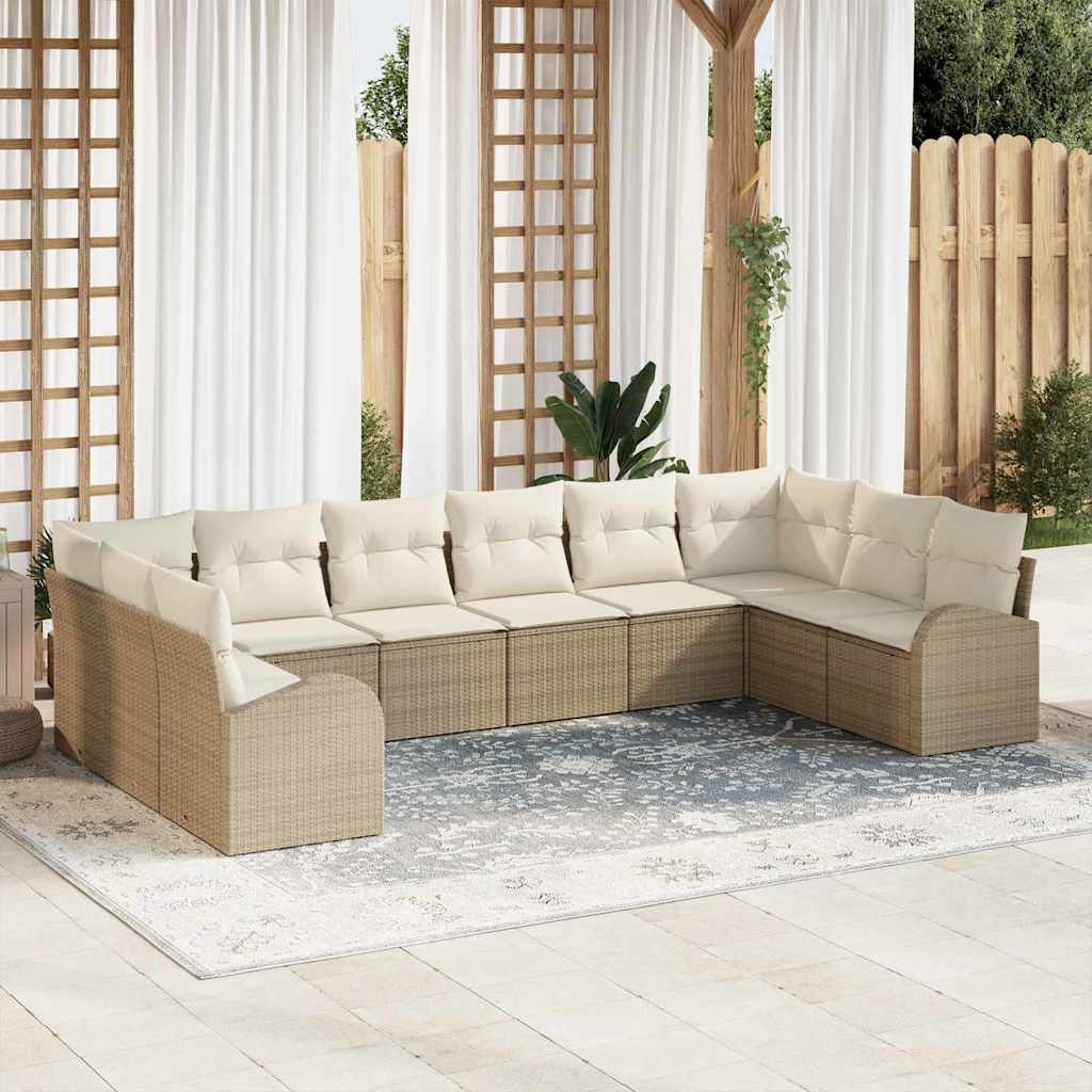 Gartensofa-set mit Kissen 10 pcs Beige und Weiß Poly-Rattan