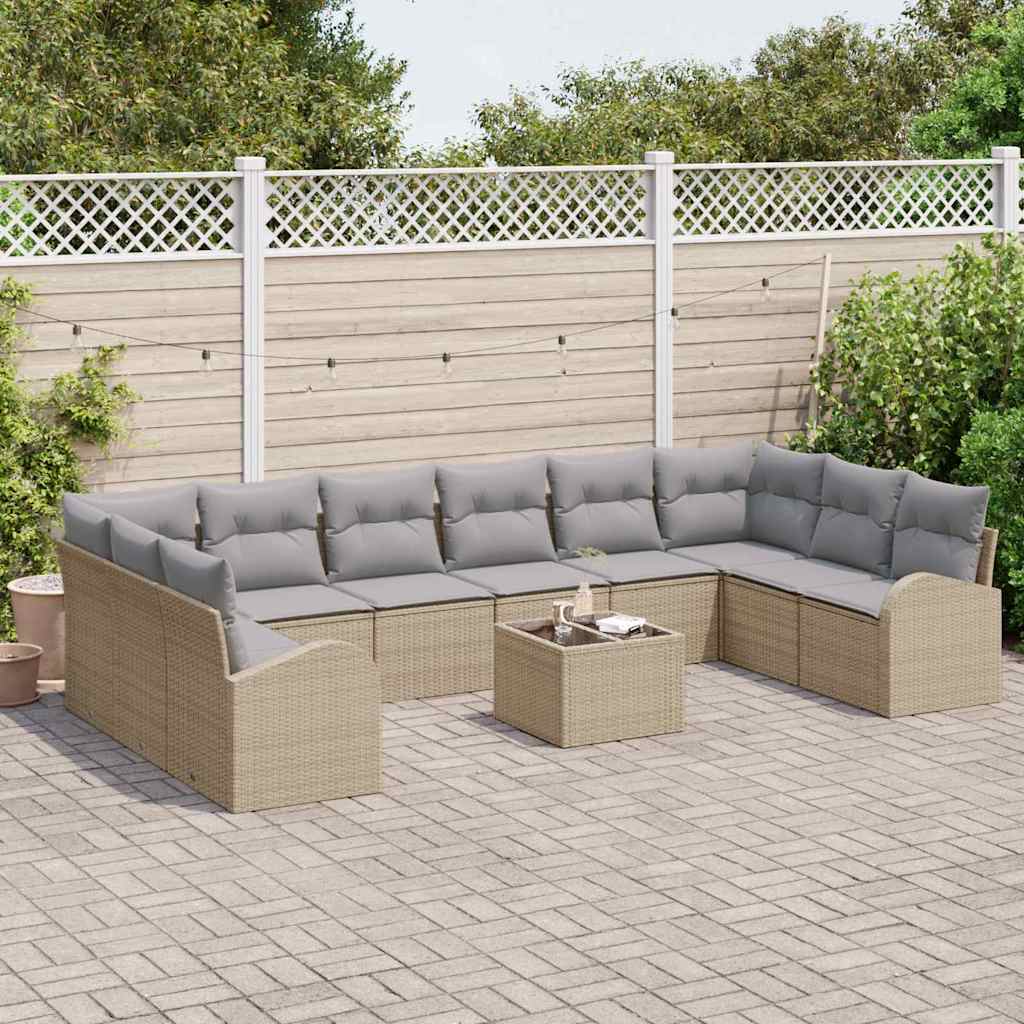 Gartensofa-set mit Kissen 11 pcs Beige und Hellgrau Poly-Rattan