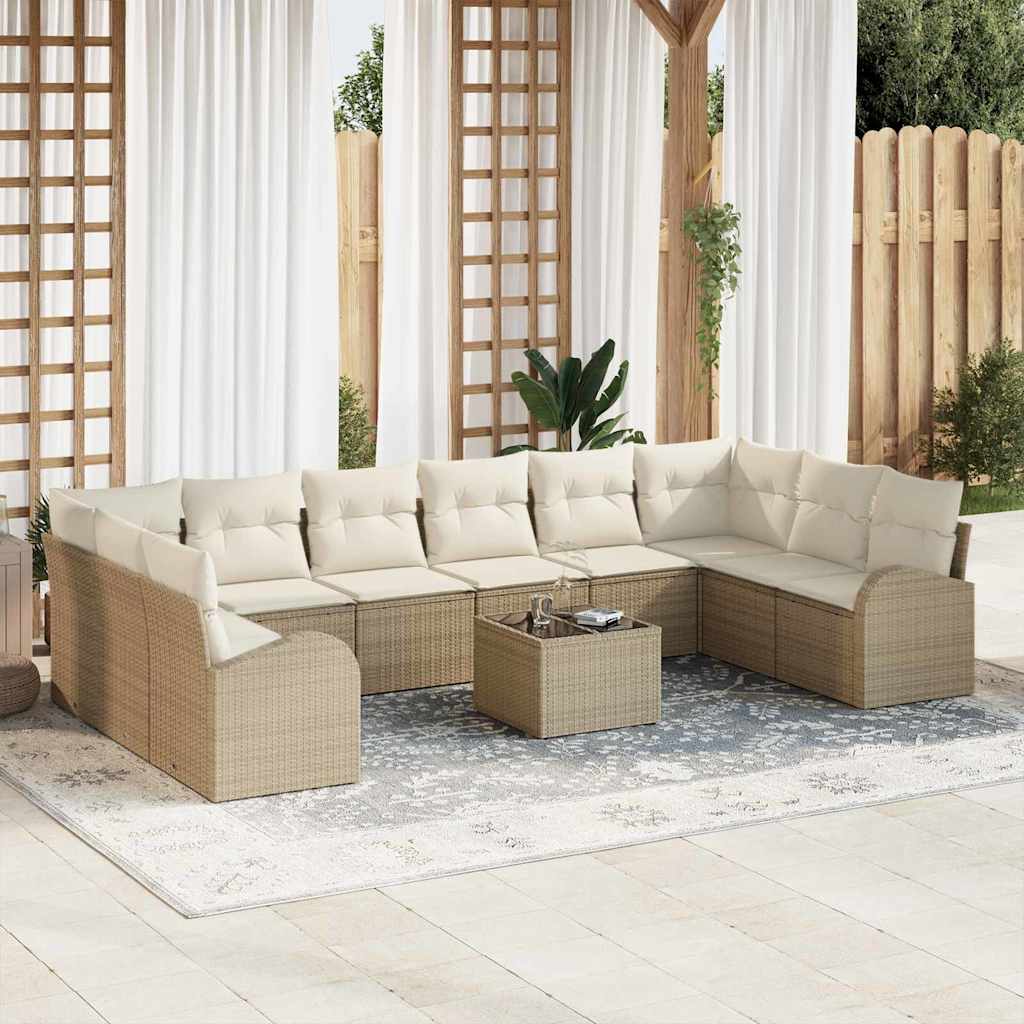 Gartensofa-set mit Kissen 11 pcs Beige und Creme Poly-Rattan
