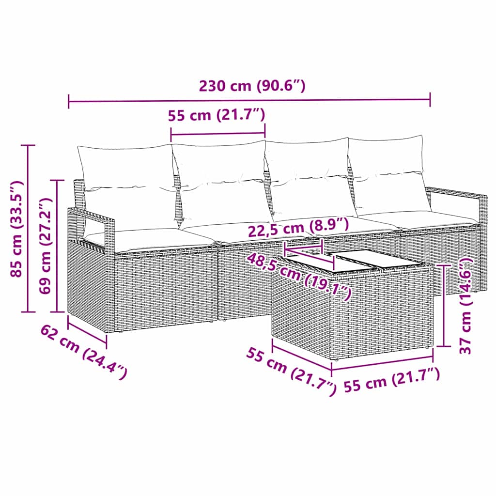 Sofa Set mit Kissen 5 pcs Braun und Creme Poly-Rattan