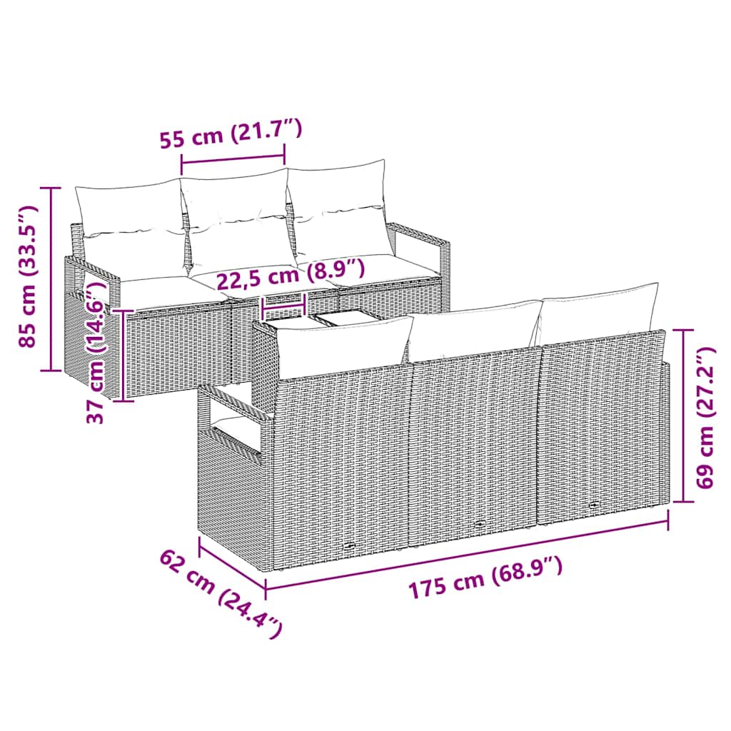 Gartensofa-set mit Kissen 7 pcs Braun und Creme Poly-Rattan