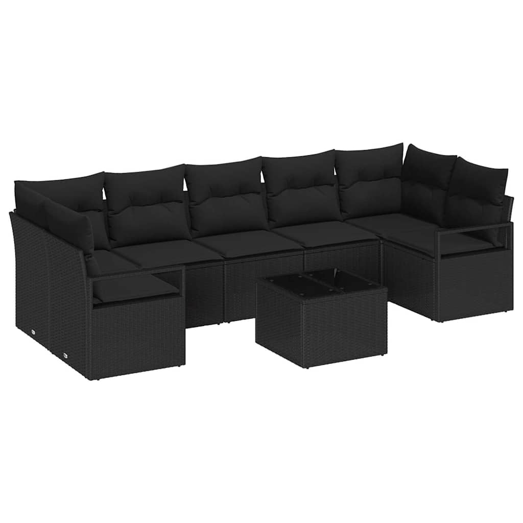 Garten-Sofa-Set 8 pcs Schwarz Poly-Rattan und Stahl und Glas