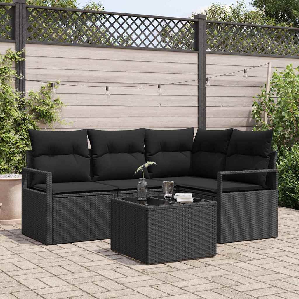 Sofa Set mit Kissen mit Speicher 5 pcs Schwarz Poly-Rattan