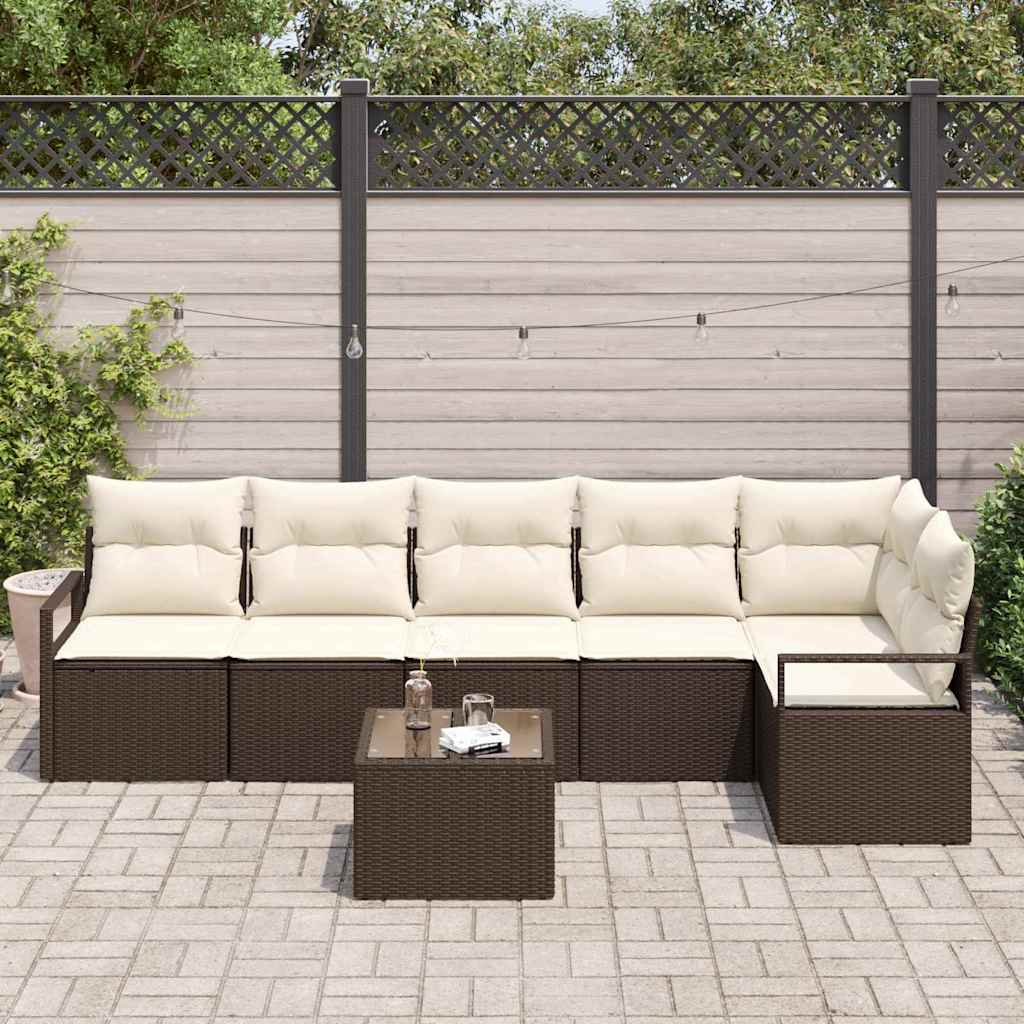 Gartensofa-set mit Kissen 7 pcs Braun und Creme Poly-Rattan