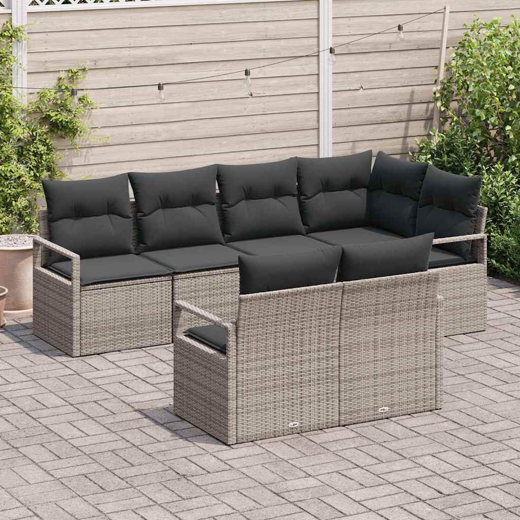 Gartensofa-set mit Kissen mit Speicher 7 pcs Grau Poly-Rattan