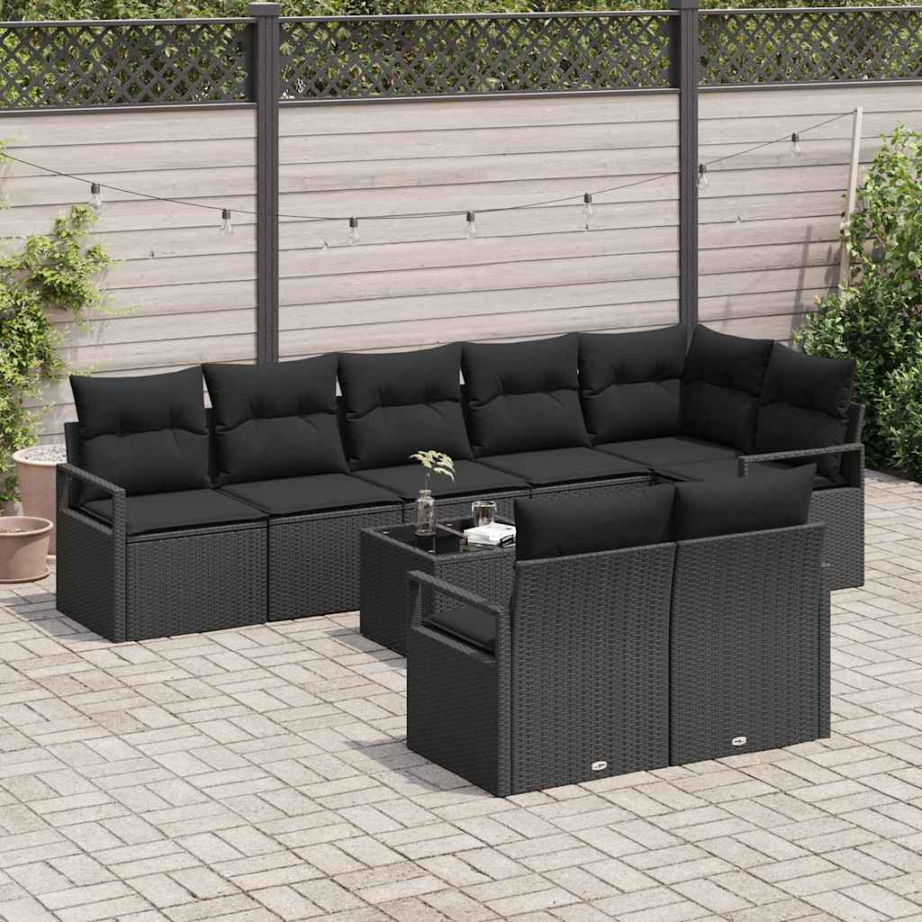 Gartensofa-set mit Kissen 9 pcs Schwarz Poly-Rattan