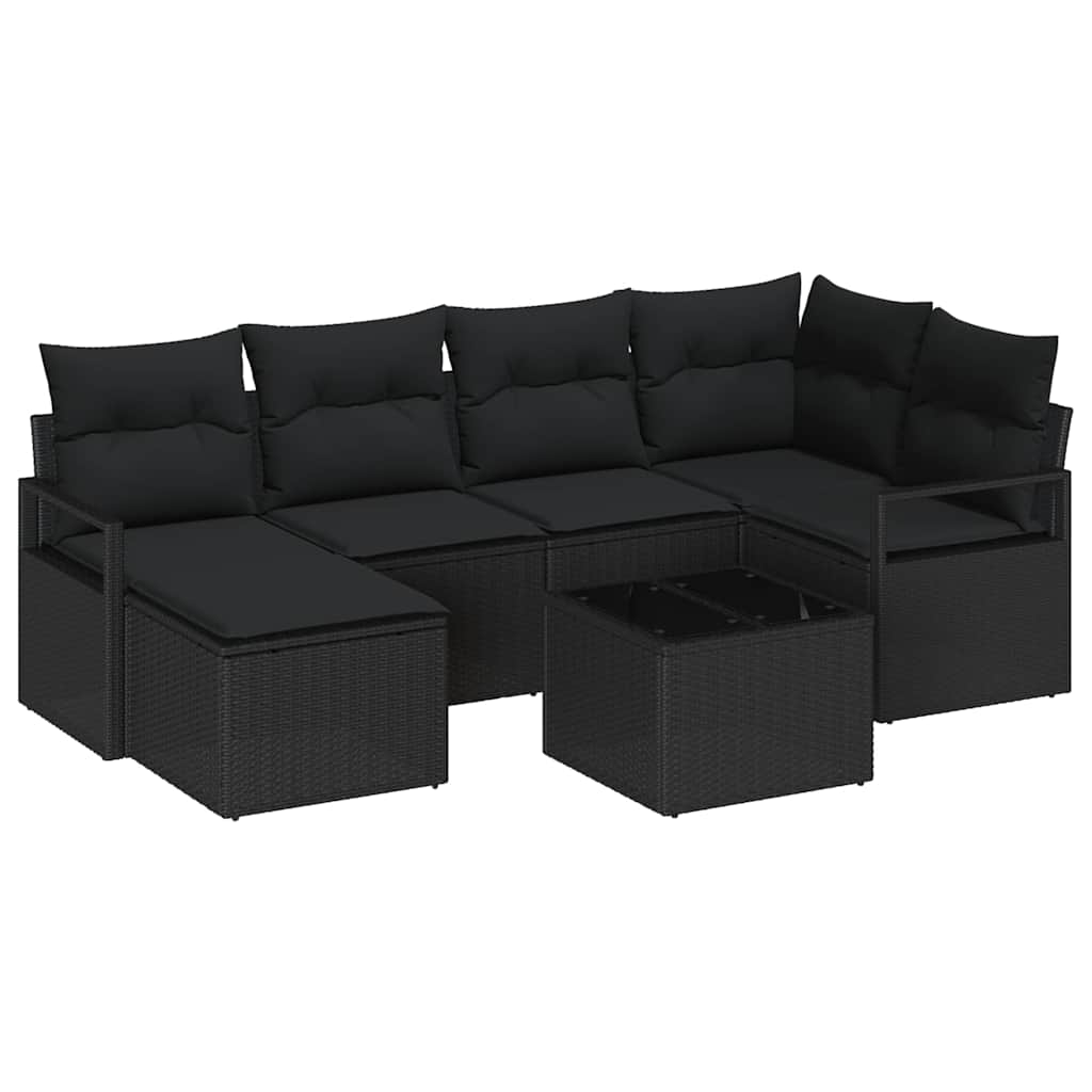 Sofa Set mit Kissen mit Speicher 7 pcs Schwarz Poly-Rattan
