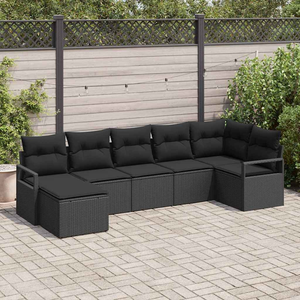 Sofa Set mit Kissen mit Speicher 7 pcs Schwarz Poly-Rattan