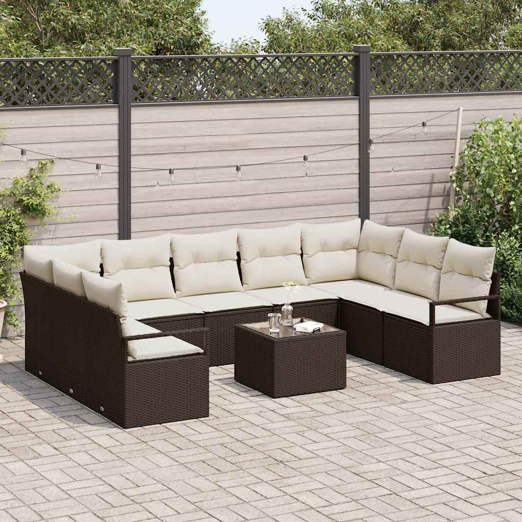 Gartensofa-set mit Kissen 10 pcs Braun und Creme Poly-Rattan