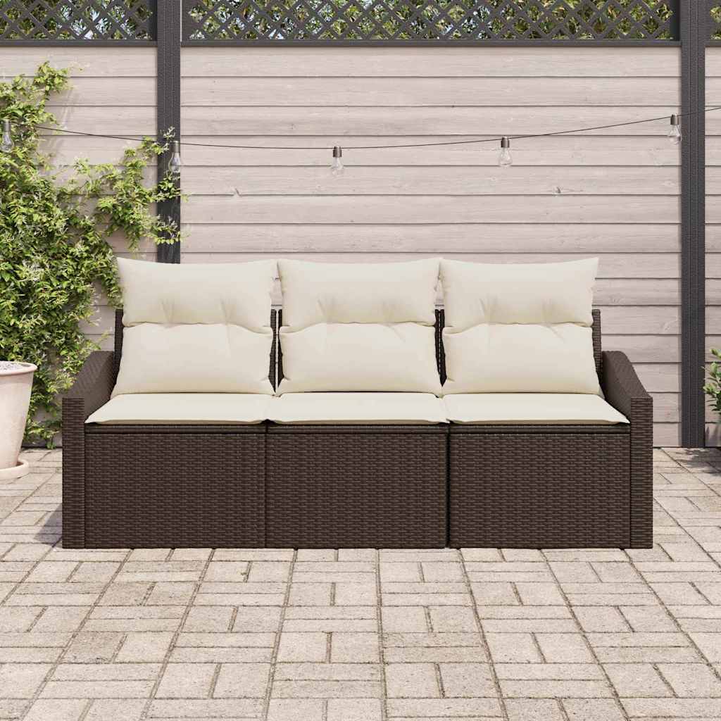 Gartensofa-set mit Kissen 3 pcs Braun und Weiß Poly-Rattan