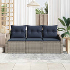 Gartensofa-set mit Kissen 3 pcs Grau und Marineblau Poly-Rattan
