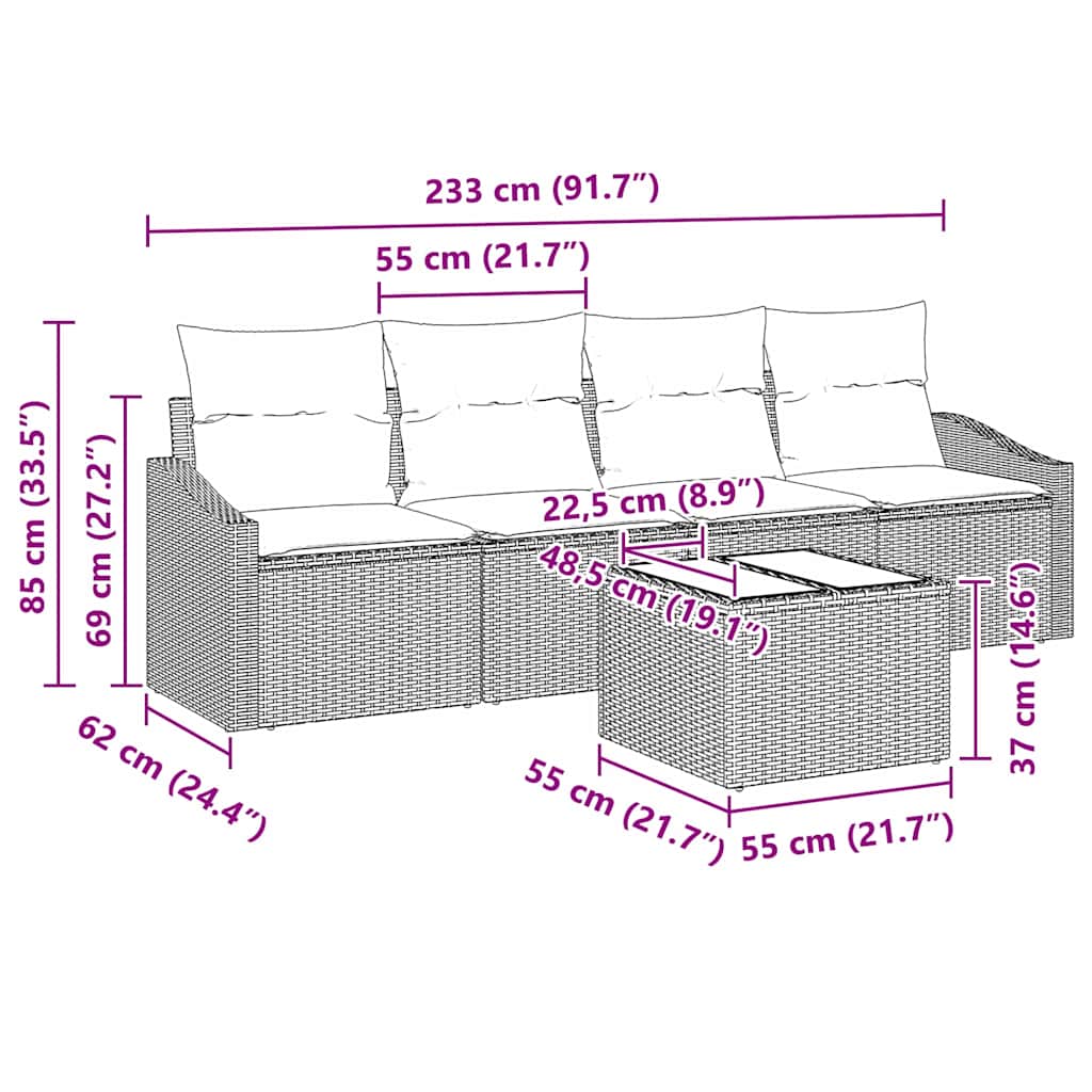 Sofa Set mit Kissen 5 pcs Beige und Creme Poly-Rattan