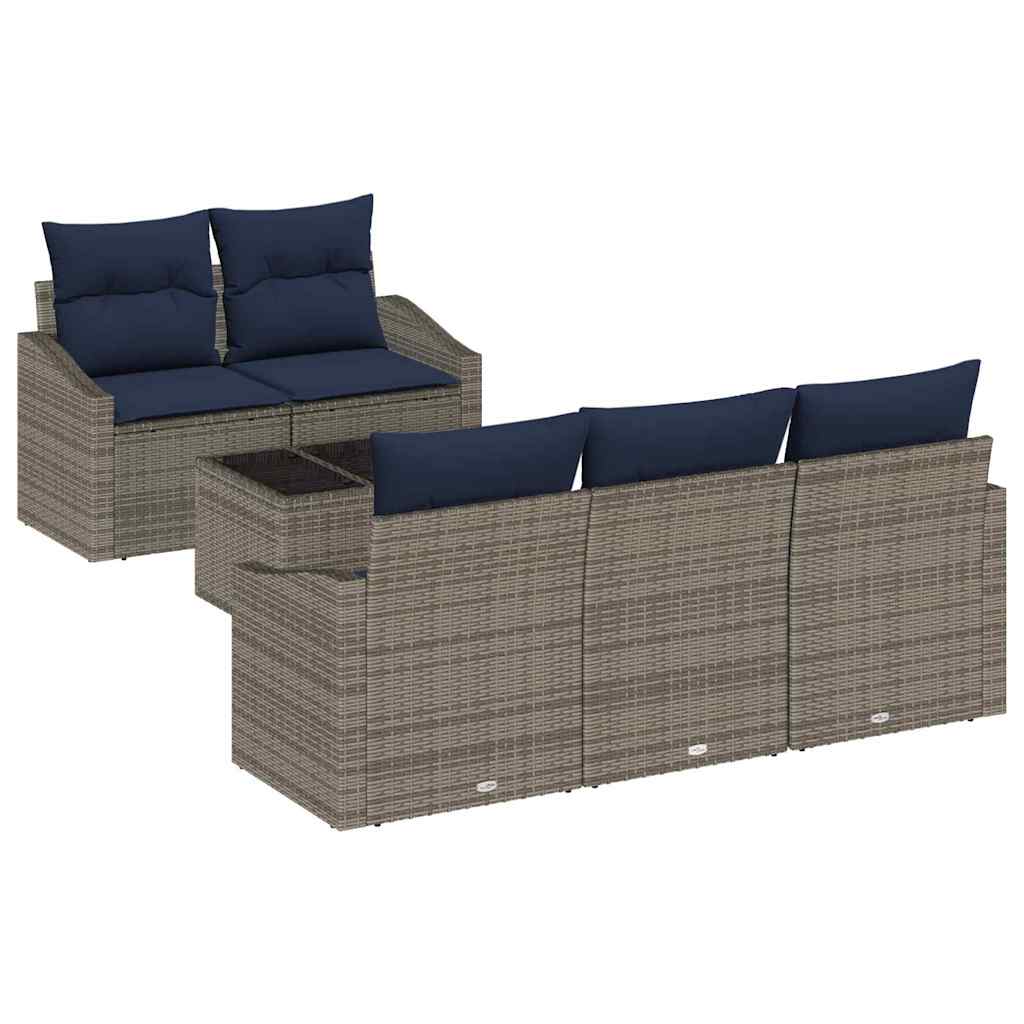 Sofa Set mit Kissen 6 pcs Grau und Marineblau Poly-Rattan
