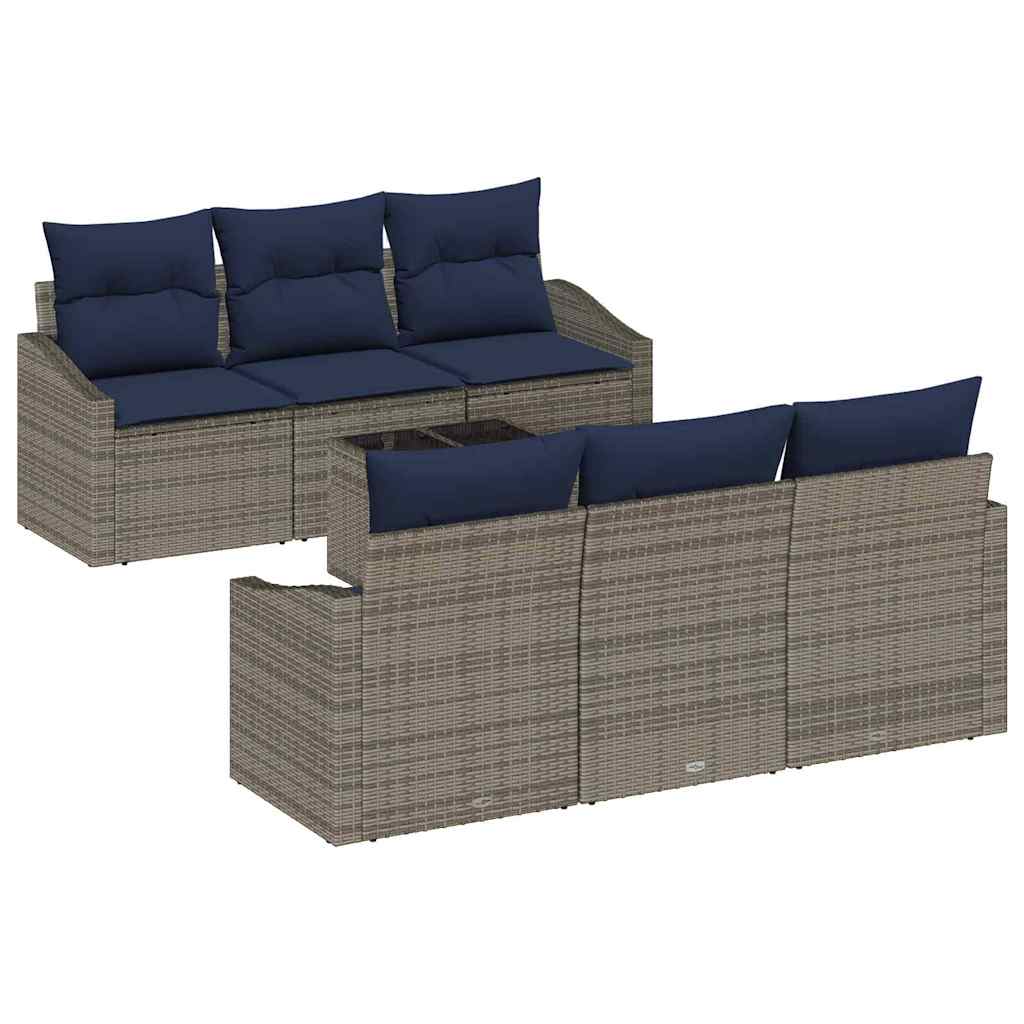 Sofa Set mit Kissen 7 pcs Grau und Marineblau Poly-Rattan