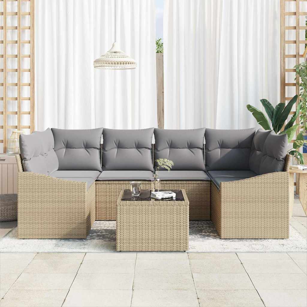 Sofa Set mit Kissen 7 pcs Beige und Grau Poly-Rattan