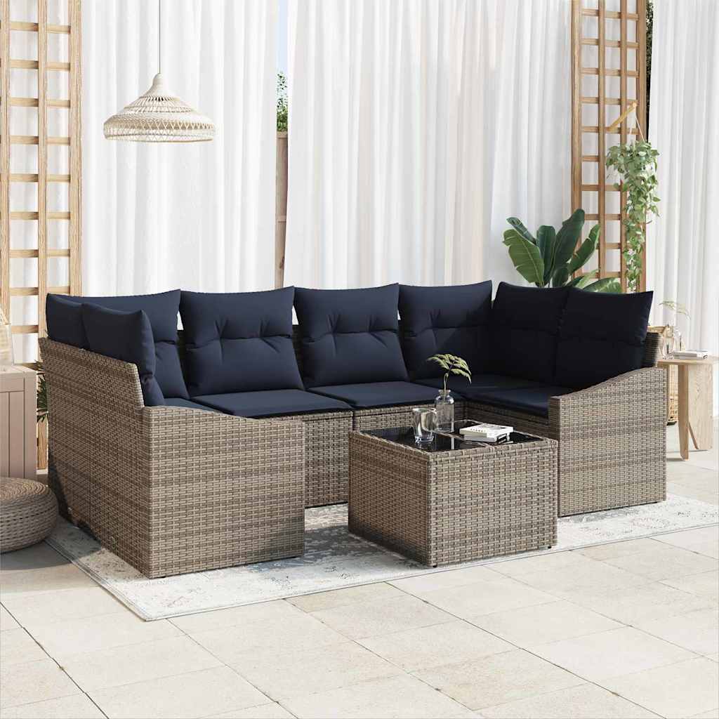 Sofa Set mit Kissen 7 pcs Grau und Marineblau Poly-Rattan
