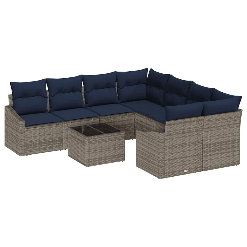 Sofa Set mit Kissen 9 pcs Grau und Marineblau Poly-Rattan