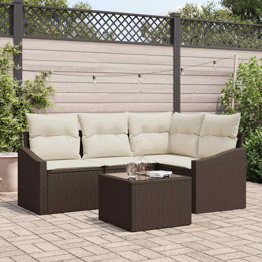 Gartensofa-set mit Kissen 5 pcs Braun und Creme Poly-Rattan
