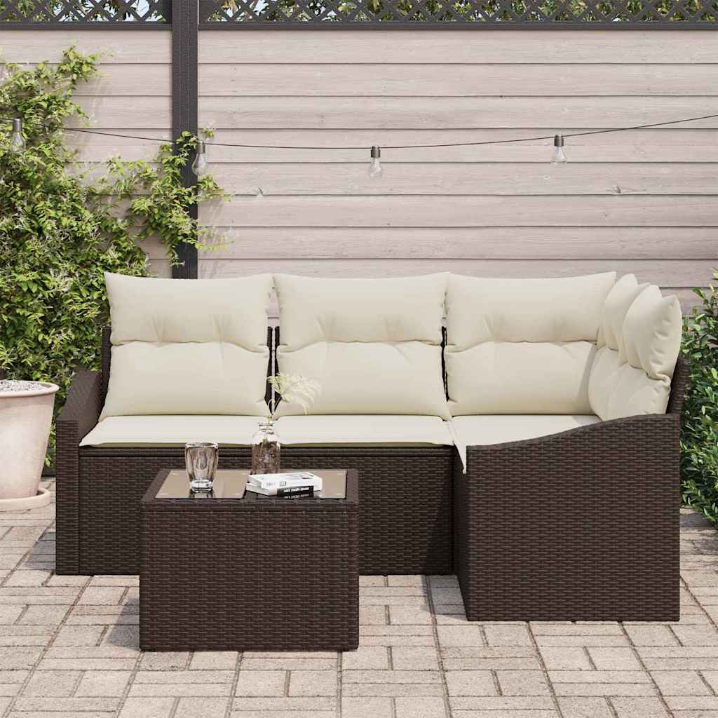 Gartensofa-set mit Kissen 5 pcs Braun und Creme Poly-Rattan