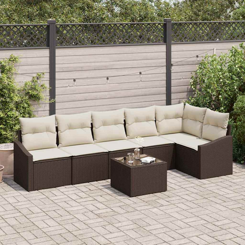 Gartensofa-set mit Kissen 7 pcs Braun und Creme Poly-Rattan