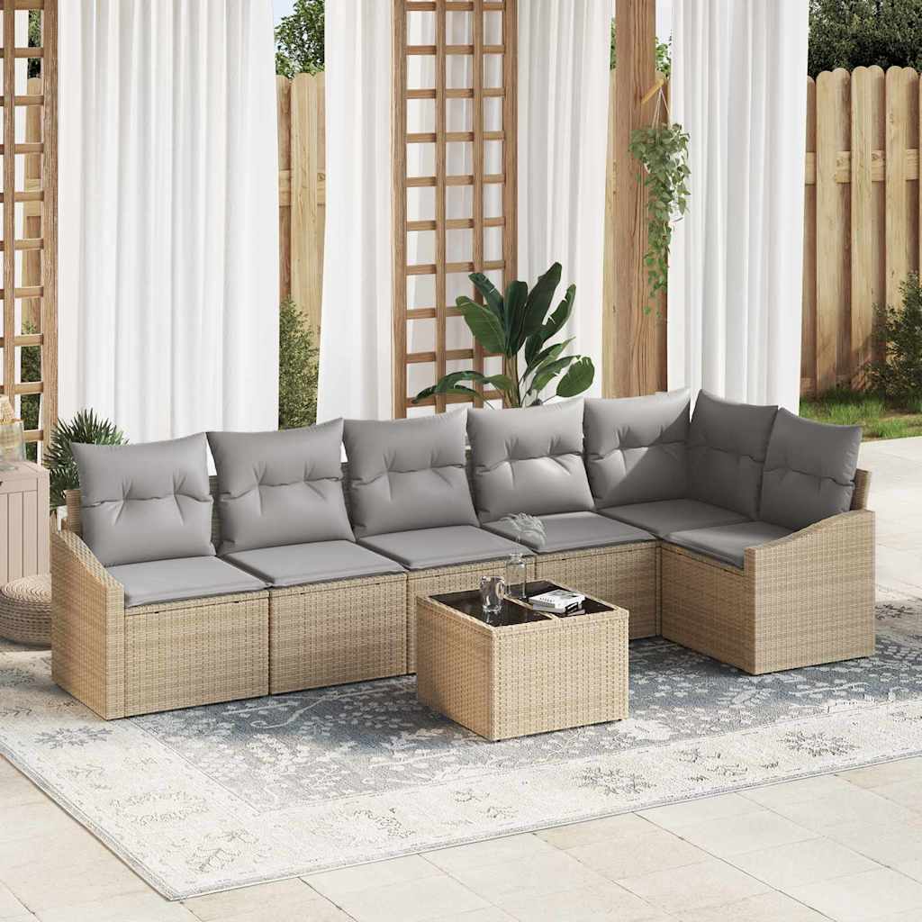 Gartensofa-set mit Kissen 7 pcs Beige und Hellgrau Poly-Rattan
