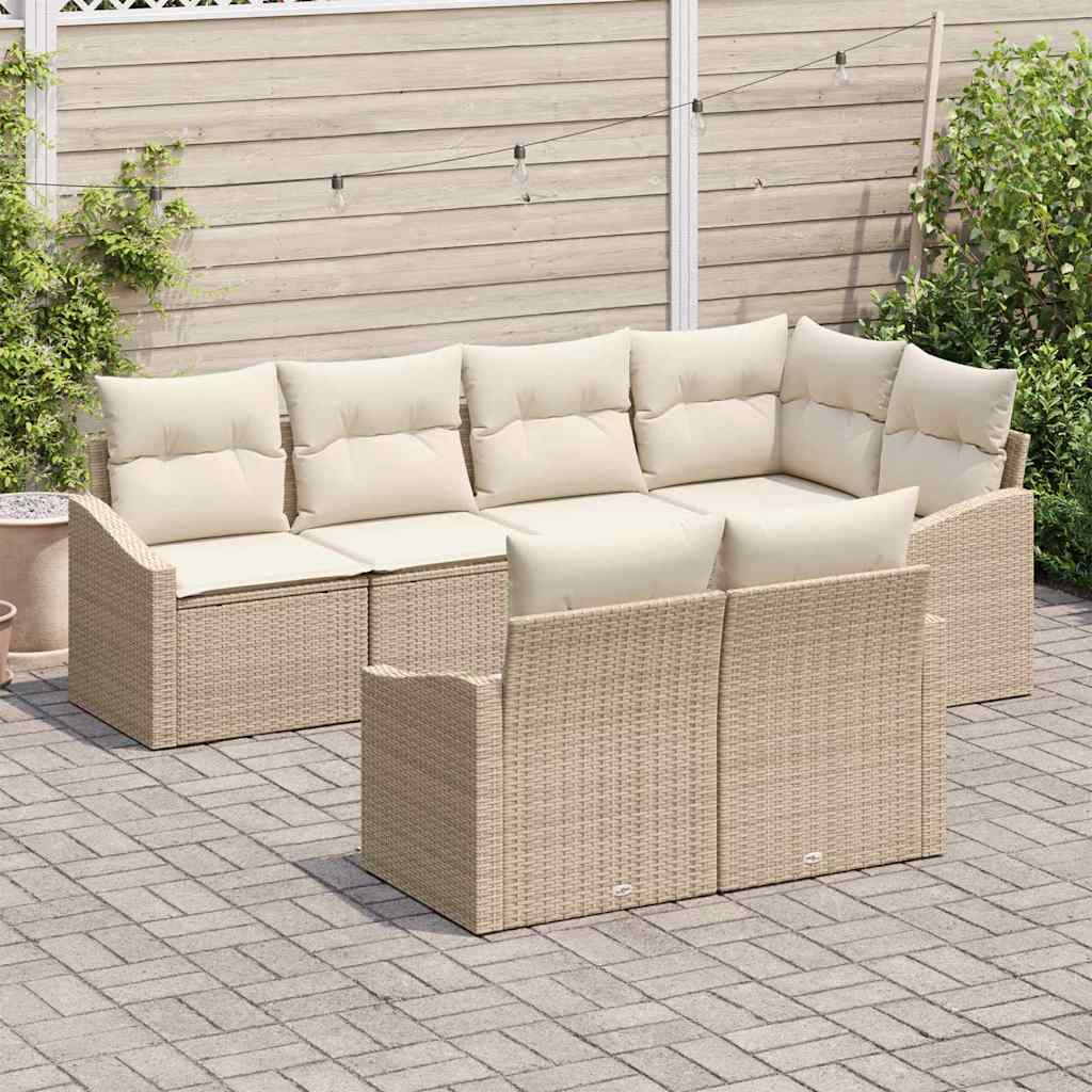 Gartensofa-set mit Kissen 7 pcs Beige und Weiß Poly-Rattan