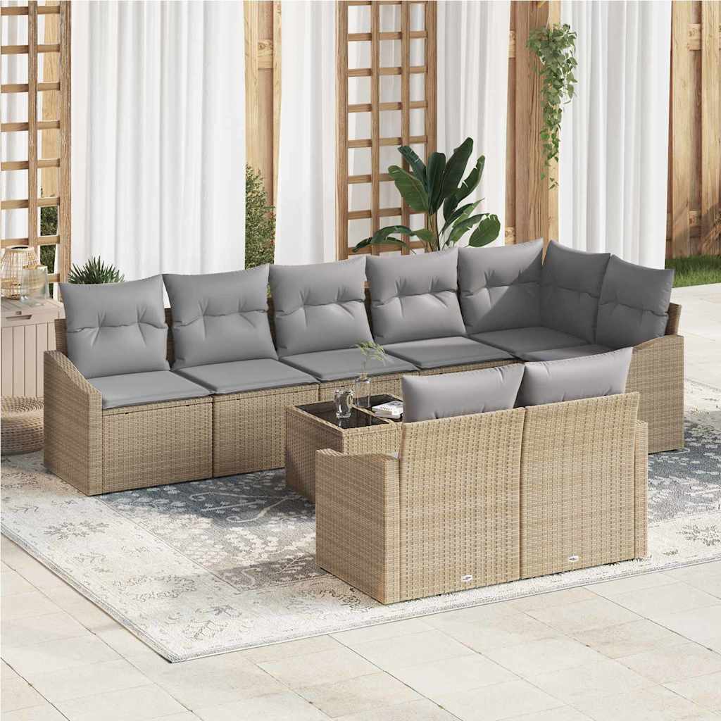Gartensofa-set mit Kissen 9 pcs Beige und Hellgrau Poly-Rattan