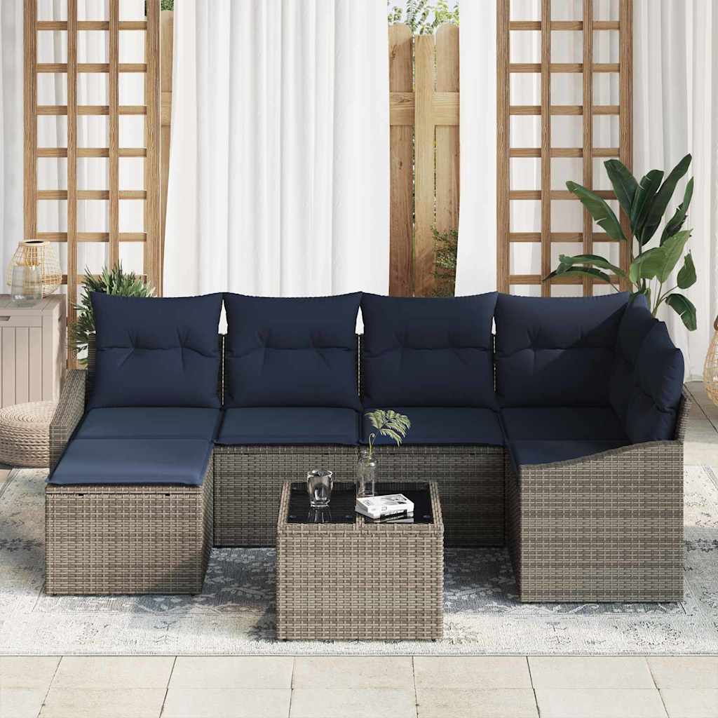 Sofa Set mit Kissen 7 pcs Grau und Marineblau Poly-Rattan