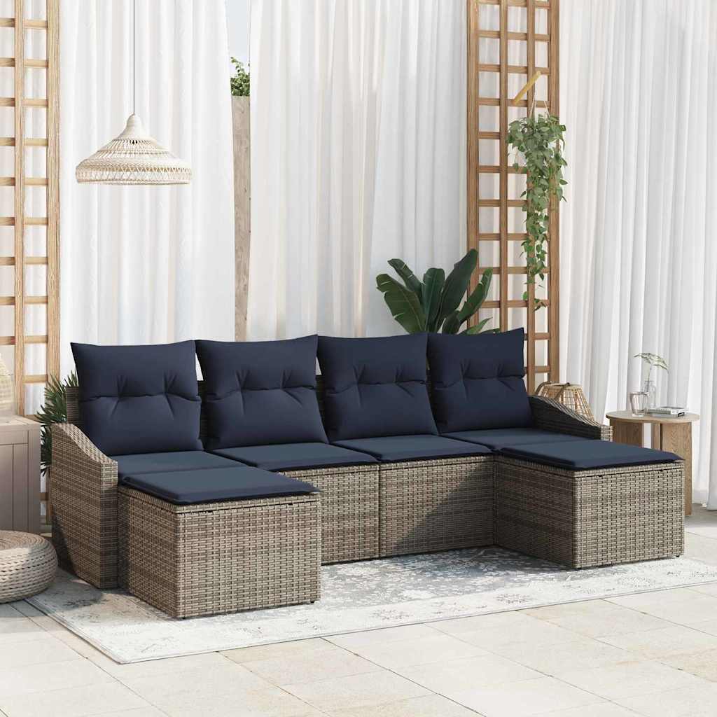 Garten-Sofa-Set 6 pcs Grau und Marineblau Poly-Rattan