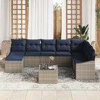 Gartensofa-set mit Kissen 8 pcs Grau und Marineblau Poly-Rattan