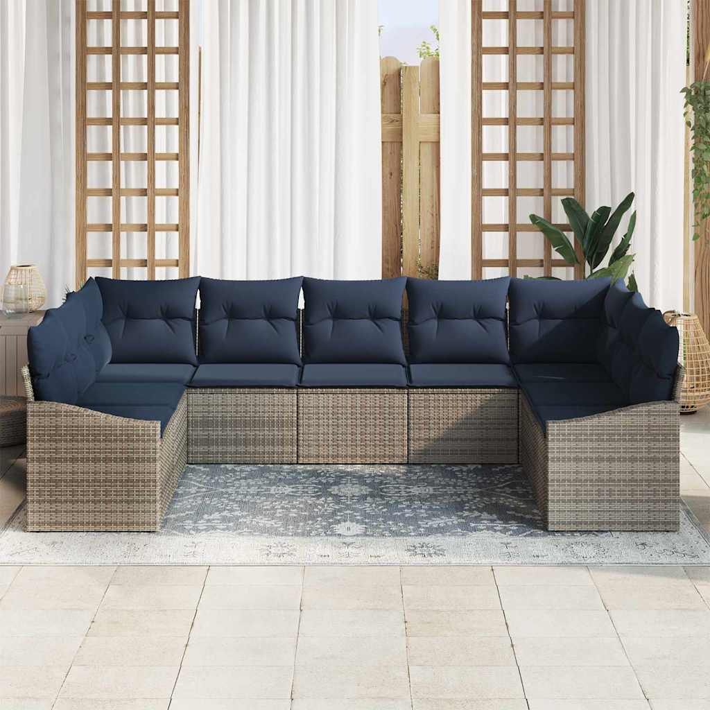 Gartensofa-set 9 pcs Grau und Marineblau Poly-Rattan
