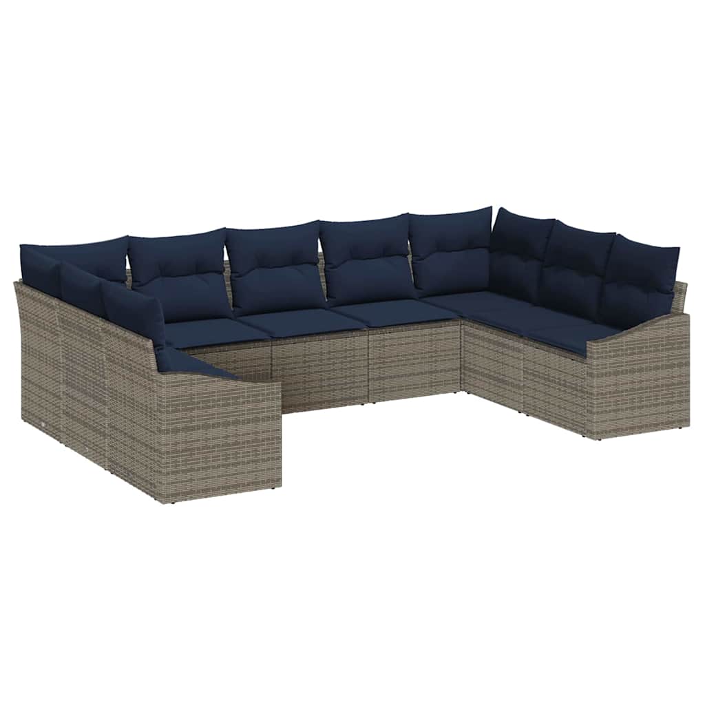 Gartensofa-set 9 pcs Grau und Marineblau Poly-Rattan