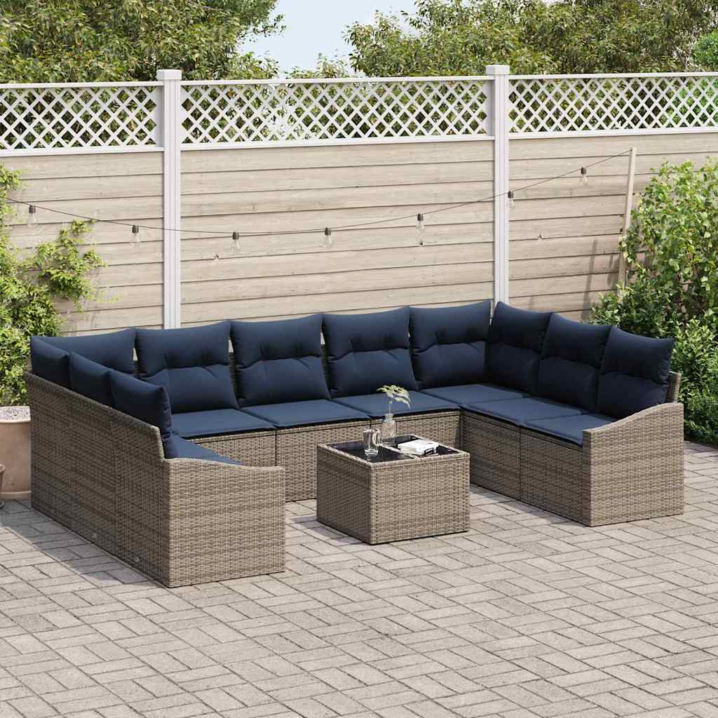 Gartensofa-set 10 pcs Grau und Marineblau Poly-Rattan
