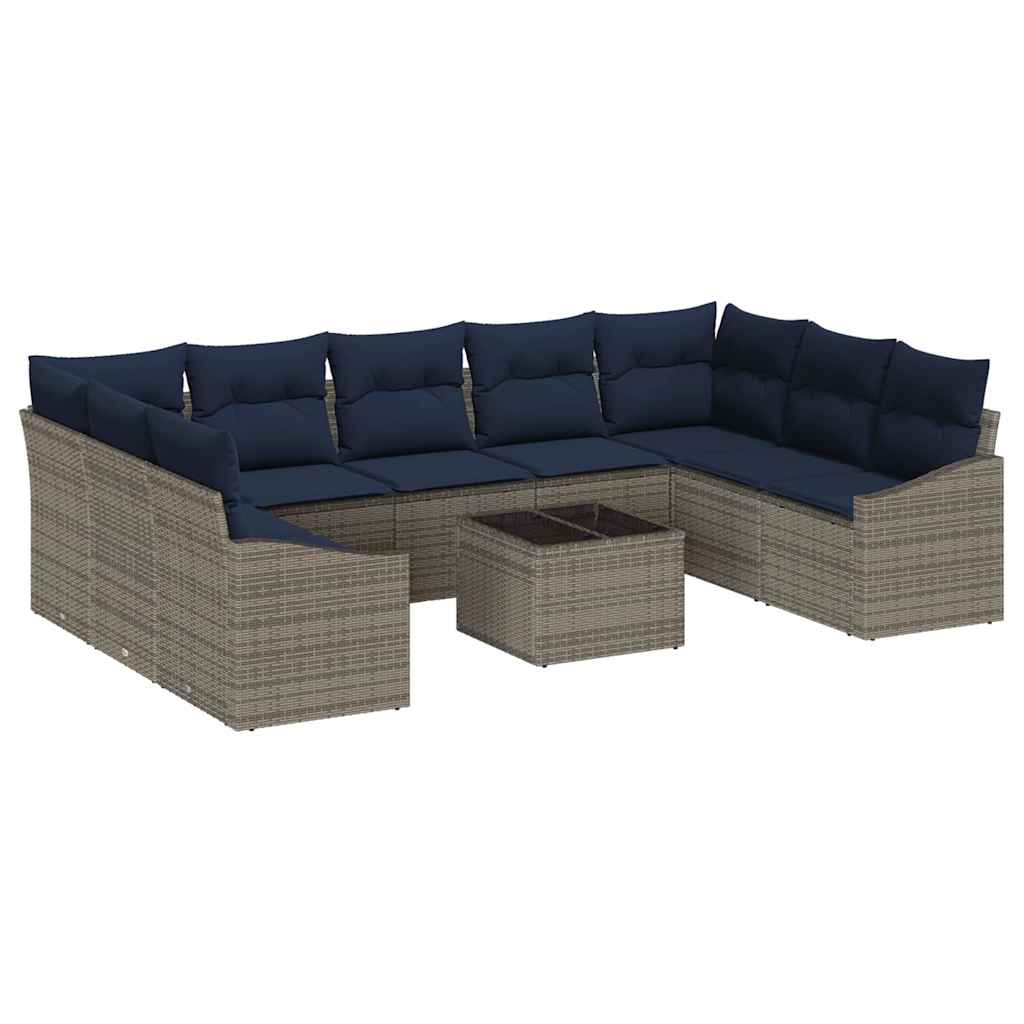 Gartensofa-set 10 pcs Grau und Marineblau Poly-Rattan