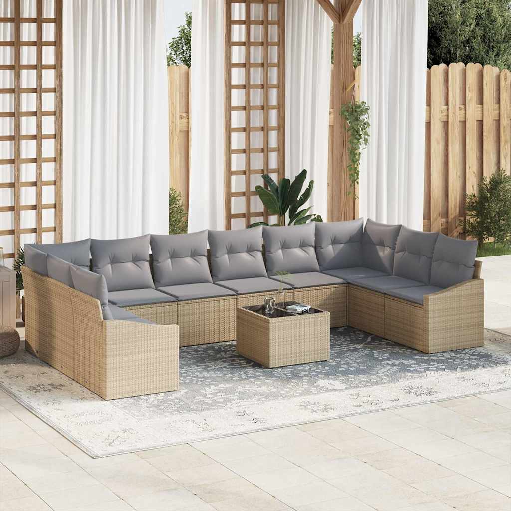 Gartensofa-set mit Speicher Beige und Hellgrau Poly-Rattan