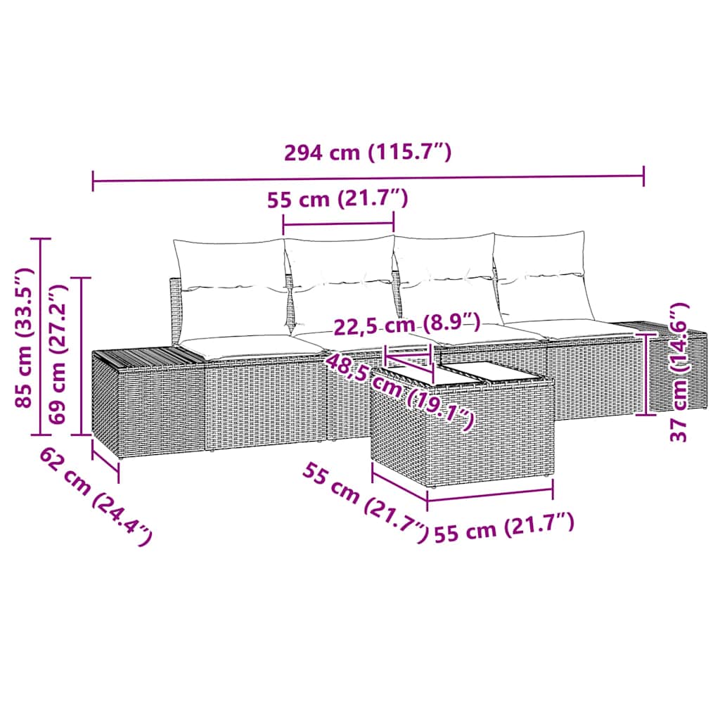 Garten-Sofa-Set mit Kissen 5 pcs Braun und Creme Poly-Rattan