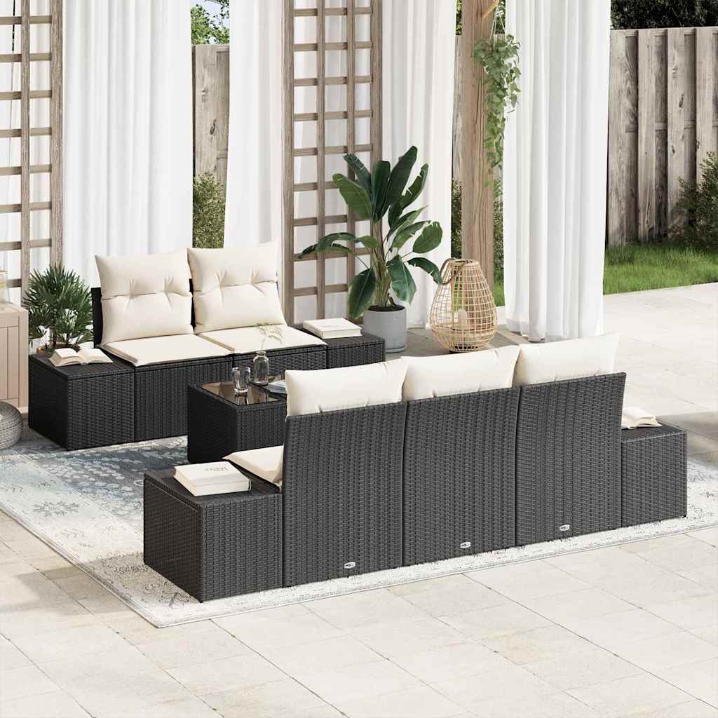 Gartensofa-set mit Kissen 6 pcs Schwarz und Creme Poly-Rattan