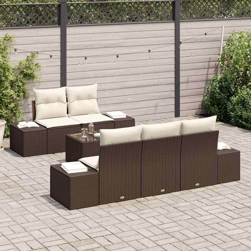 Gartensofa-set mit Kissen 6 pcs Braun und Creme Poly-Rattan