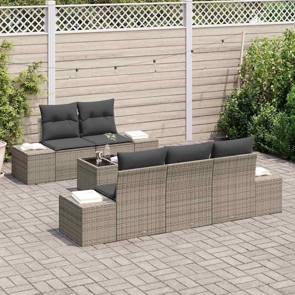 Gartensofa-set mit Kissen mit Speicher 6 pcs Grau Poly-Rattan