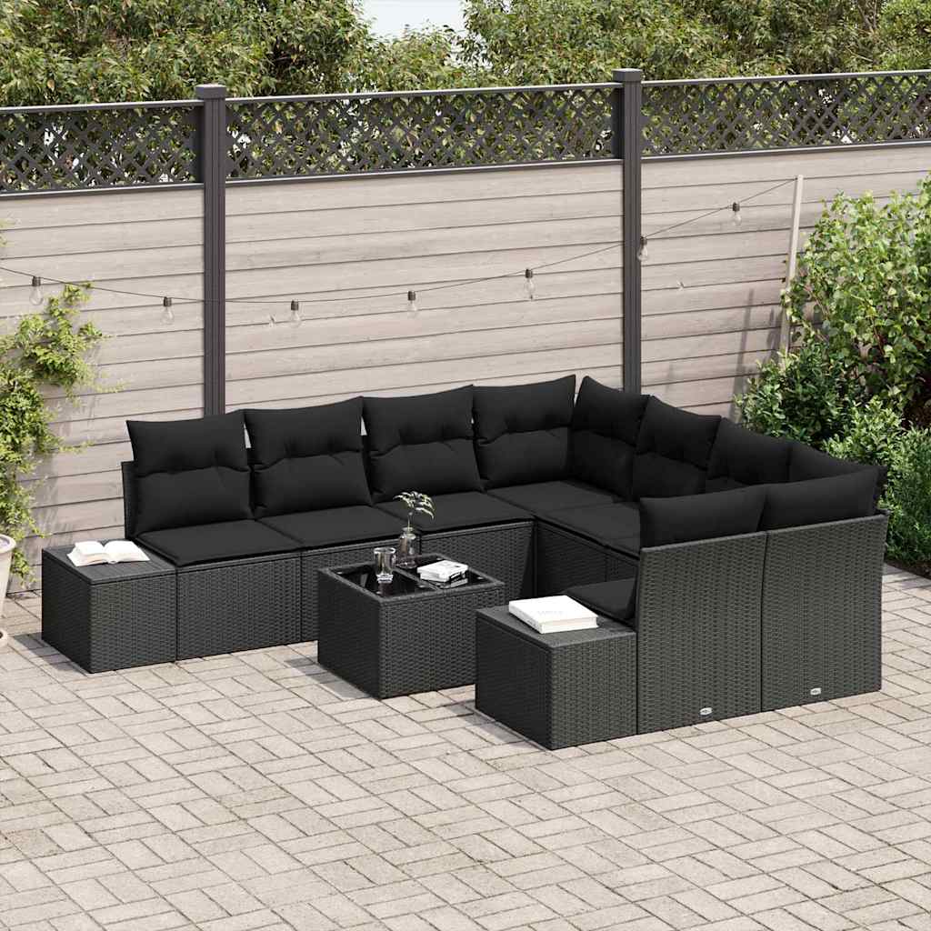 Garten-Sofa-Set mit Kissen 9 pcs Schwarz Poly-Rattan